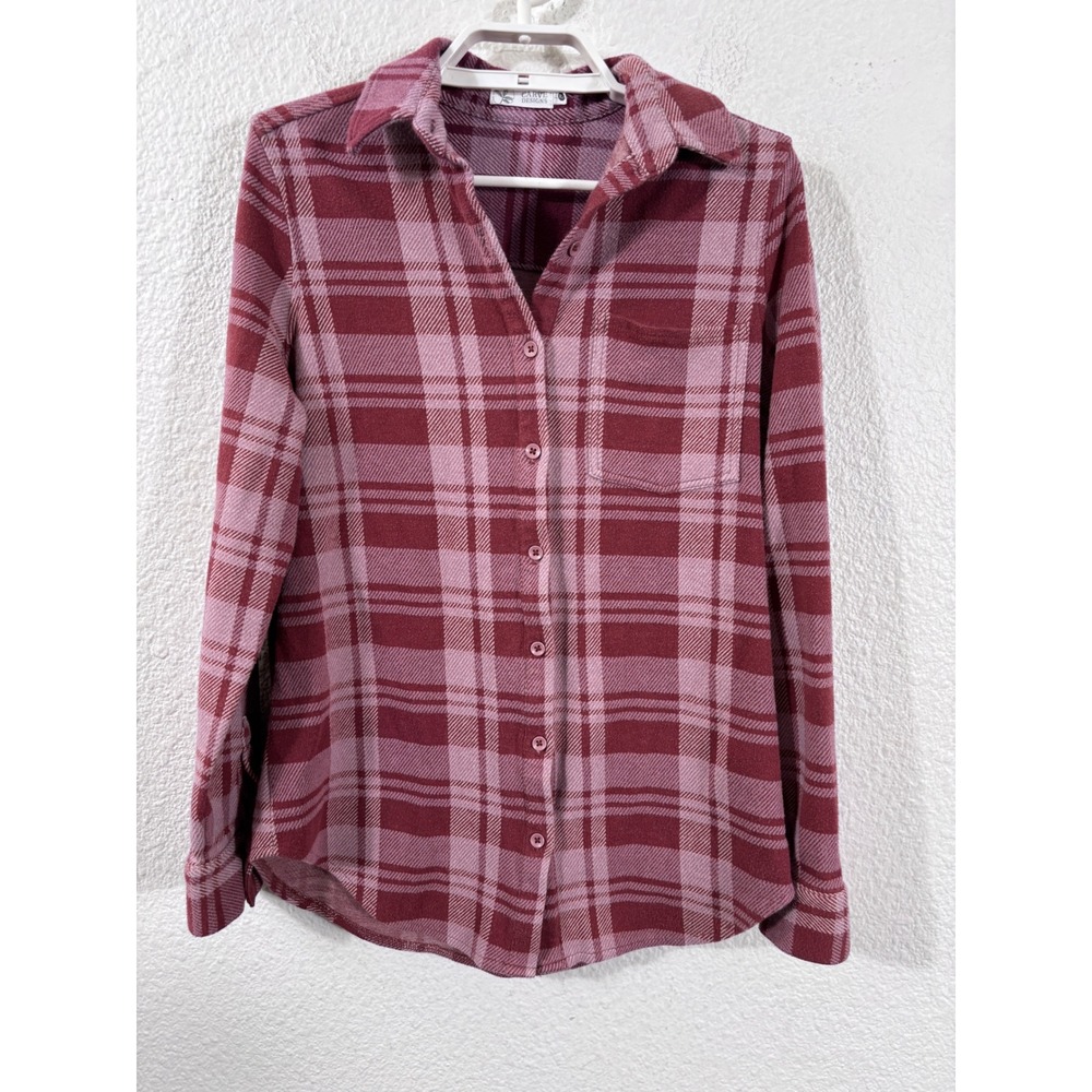 Carve Designs Plaid Flannel Shirt Women XS Maroon Pink Organic Cotton Stretch